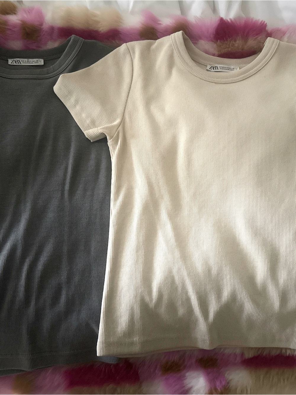 Zara Ribbed Short Sleeve Tees - Cream and Gray